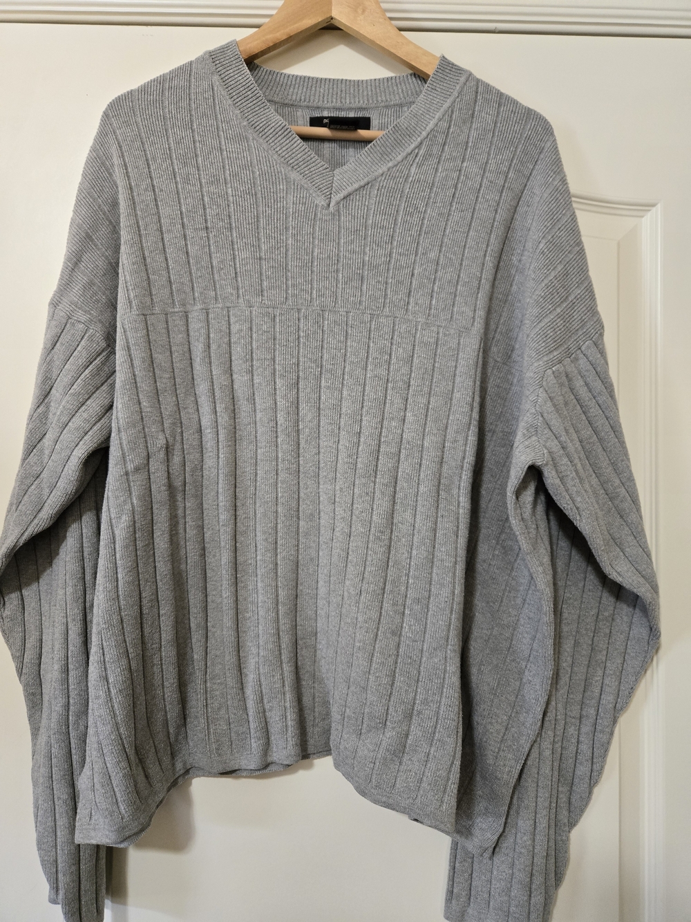 Murano Light Gray Ribbed V-Neck Sweater 100% Cotton Cozy Fall Quiet Luxury